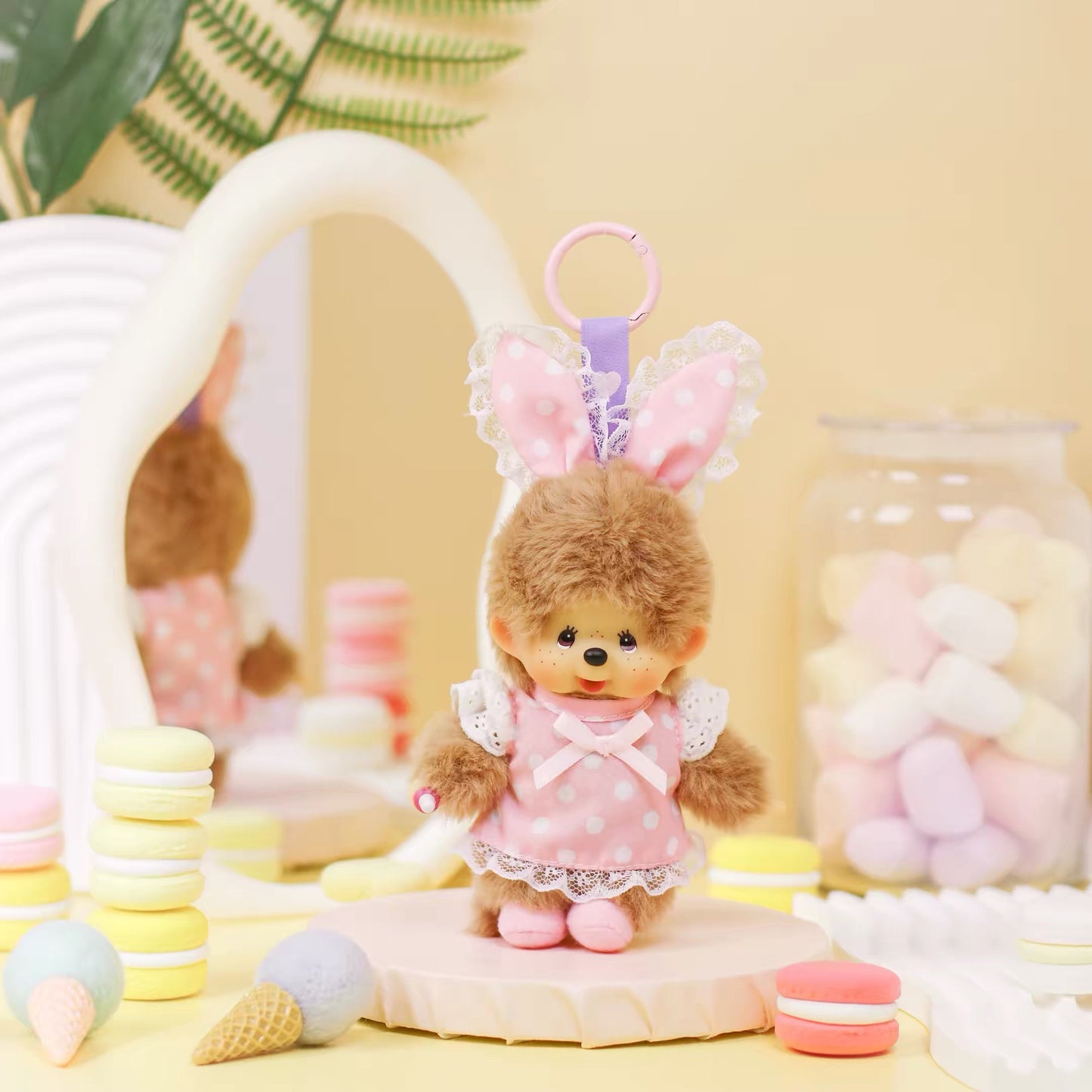Monchhichi | Bunny Ears Polka Dots Pink Plush Doll Keychain